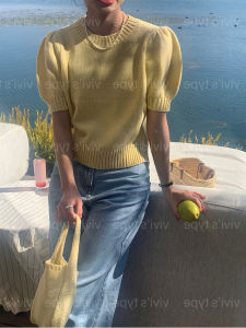 Knitted Short Sleeve T-Shirt Women Summer New Bubble Sleeve round Neck Overhead Ice Silk Short Shoulder Body Shirt Korean Style