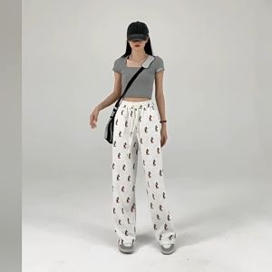 Cartoon Print Casual Wide-Leg Pants & High-Waisted Moped Pendant Sports Pants for Women in 2024 Summer