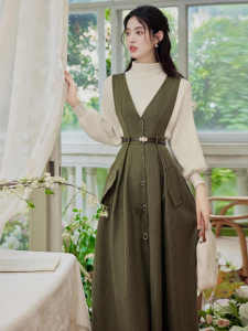 Retro Hong Kong Style College Shirt Vest Dress Two-Piece Set Spring Commute High-End Feel Long Sleeve Fashion Ensemble