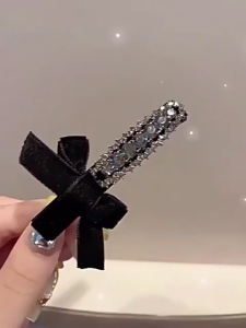 กิ๊บติดผม ผ้ากํามะหยี่ ประดับเพชร โบว์ สีดำ สไตล์เกาหลี หรูหรา