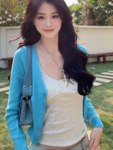 เสื้อคาร์ดิแกนถักสีฟ้า ทรงเข้ารูป แขนยาว คอวี ปกติ ฤดูใบไม้ผลิและฤดูใบไม้ร่วง เสื้อคลุมกันหนาวแบบลำลองสำหรับผู้หญิง