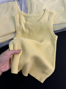 Áo Ba Lỗ Không Tay Màu Vàng Cổ Tròn Dệt Kim Ôm Vừa Vặn Mùa Hè Cho Nữ Thời Trang Áo Khoác Ngoài