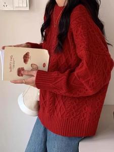 New Year Red Knitted Sweater round Neck Couple Winter Twist High Quality Versatile Knitwear Jacket Casual Loose Fit Polyester Fiber