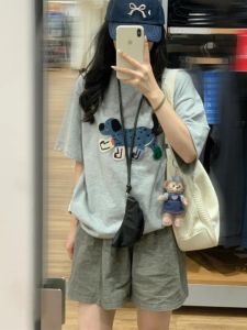 Summer New Womens Casual Sports Set Pure Cotton Short Sleeve T-shirt Shorts Anti-Aging Running Two-piece Set round Neck Overhead