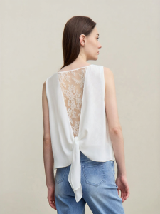 AMII | Fresh and Flowy Round Collar Lace Spliced Chiffon Vest