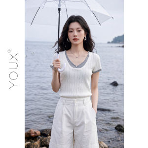 Elegant Shallow Waterfall Design Pseudo Two-Piece V-Neck Short Sleeve Knit Top
