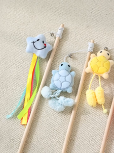 Interactive Cat Toy Teasing Wand Feather Bell Self Play Plush Cartoon Wooden Training Stick Barangan Kucing