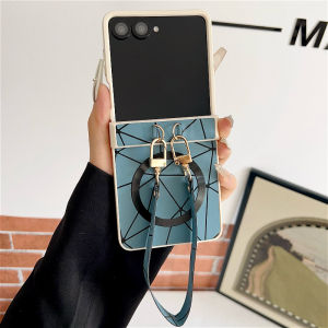 Ốp Điện Thoại Samsung Galaxy Z Flip Từ Tính Thiết Kế Hình Học Lăng Kính Chống Sốc Kèm Dây Đeo Tay Bảo Vệ Bản Lề Tương Thích Với Các Model 8 7E 7 6 5 4