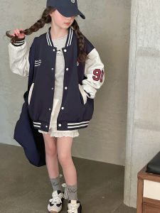 Girls Baseball Jacket Embroidered Spring Autumn Fashionable Retro Coat Cotton Blend Long Sleeve Soft Hand Feel Regular Fit