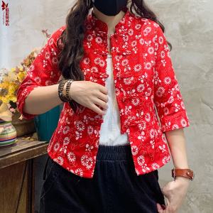 2024 New Fashion Short Printed Womens Jacket Thin Ethnic Style Floral Outerwear Vintage Print Chinese Style Top Summer