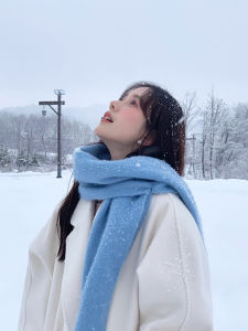Light Blue Faux Cashmere Scarf Thickened Winter Mens Fashionable Warm Plush Neck Warmer Multifunctional Rectangle Scarf