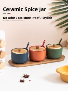 KANGMO | Ceramic Spice Box Set Glass Seasoning Bottles
