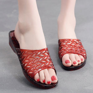 Xiaoxin Womens Crystal Plastic Jelly Slippers Home Anti-slip Bathing Sandals Mid-Heel Mom Shoes Comfortable Breathable Slip-On