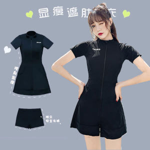 Slimming Two-Piece Swimming Suit for Plump Girls with Pockets Hot Spring Suitable Casual Swimwear Womens Short Sleeve Swimsuit