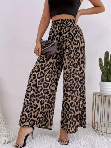 High Waist Leopard Print Wide Leg Pants Street Style Casual Straight Leg Trousers High Waist Long Pants Polyester Fiber
