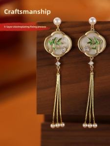 Elegant Long Bamboo Tassel Earrings Green 925 Silver Needle Luxury Feelings Chinese Style Fashion Jewelry for Women