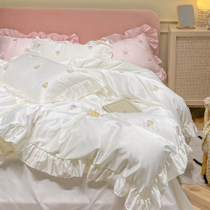 Princess Style Bedding Set Ice Silk Lace Trimmed White Three Piece Quilt Cover Sheet Summer Cool Feeling Korean Style Bed Linens