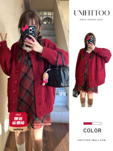 เสื้อสเวตเตอร์ถักสีแดงสำหรับผู้หญิง ทรงหลวม ปกติ แขนยาว ปกคอกลม ปกติ ฤดูใบไม้ร่วง/ฤดูหนาว เสื้อคลุมกันหนาวสุดเก๋