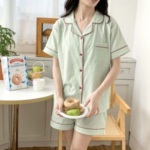 Womens Striped Cotton Sleepwear Set Casual Home Use Short Sleeve Button-up Shirt and Shorts for Young Females