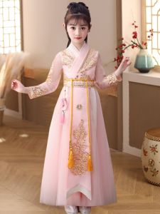 Spring Autumn New Style Hanfu Princess Dress Pink Sakura Fairy Tale Childrens Clothing Traditional Chinese Costume Girls Dress