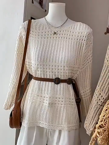 💥[A482] SET Áo len montoghi LƯỚI HỌA TIẾT TRÒN DỌC form rộng KÈM ĐAI ĐỒNG XU đi biển dễ phối - L2M