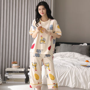 Miiow | Pure Cotton Cat Person Sleepwear Women Summer Thin Short Sleeve Overhead Seven Pants Cute Sweet Wearable Home Clothes Set