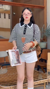 เชิ้ตคอปกโปโลแขนสั้นลายริ้ว ผ้ายืดหนา งานทรงโอเวอร์ไซส์ตัวยาว ปกแต่งลูกไม้  สวยมากก ใส่สบายสุดๆๆ Cookie Bear