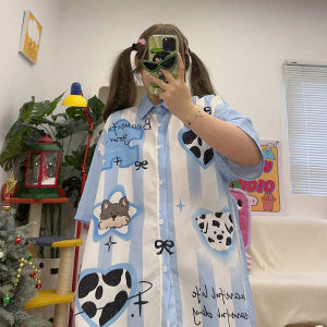 BIBULU Áo Sơ Mi Tay Ngắn in Họa Tiết Dọc Cổ Điển Phong Cách Đại Học Dễ Thương Cho Nữ Mùa Hè Thường Ngày Dáng Rộng