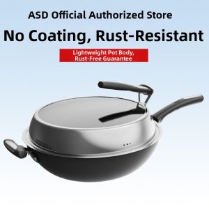 ASD | Non-Stick Wok Pan Large Iron Fry Pan with Turbo Base No Coating Rustless Cooking Utensil for Stir-Fry Modern Simple Style