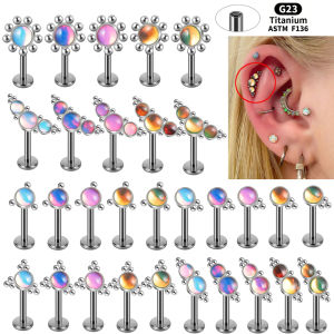 1-5PCs Blin Flash Film Oil Drip Cluster Paved Labret Lip F136 Titanium Cartilage Ear Internal Threaded Lobe Helix Earring