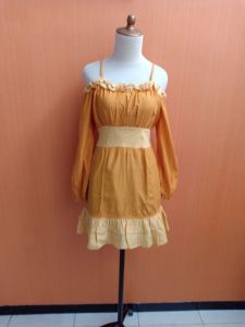 mini midi dress wanita kuning M L cewek sabrina cute santai pantai lengan panjang