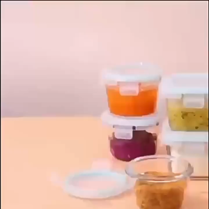 Baby Food Glass Storage Bowl 140-170ml - Clear glass square shape pastel colored lids suitable for storing pureed baby food.