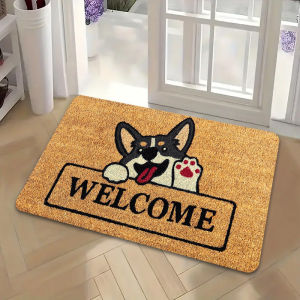 Tấm Thảm Trải Sàn Hình Chú Chó Hoạt Hình Lưng Nâu In Chữ CHÀO MỪNG Thảm Polyester Phong Cách Hiện Đại Dành Cho Lối Vào Phòng Trò Chơi Phòng Ngủ Văn Phòng Tại Nhà