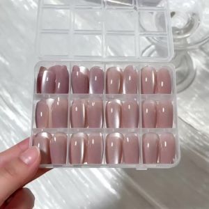 144Pc Glossy Nude Pink Cats Eye Fake Nails Medium Square Round Press On Nail for Women Summer Cat Eyes Wearable False Fingertip