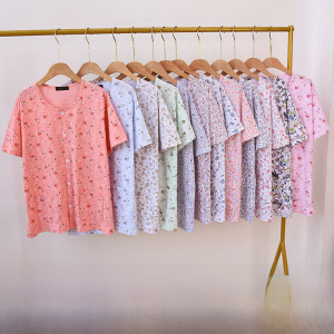 Pajamas for Middle-Aged and Elderly Women Pure Cotton Ladieswear Cardigan Short Sleeve Print Plus Size Grandma Loose Summer Simplicity Homewear