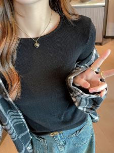 MiiOW | เสื้อยืดคอกลมแขนยาวทรงสลิมฟิตสำหรับผู้หญิง ทรงเข้ารูป ทรงปกติ ฤดูใบไม้ร่วง/ฤดูหนาว ผ้ากำมะหยี่บาง ผ้าขนแกะ คอกลม แขนยาว เสื้อยืดคอกลม