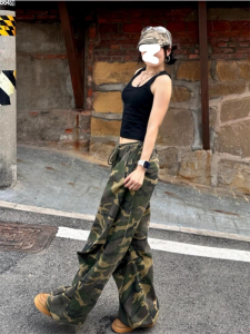 Quần Ống Rộng Lưng Cao Phong Cách Đường Phố Quần Dài Thường Ngày Mùa Hè Cho Nữ Quần Làm Việc Quần Camouflage Cỡ Lớn