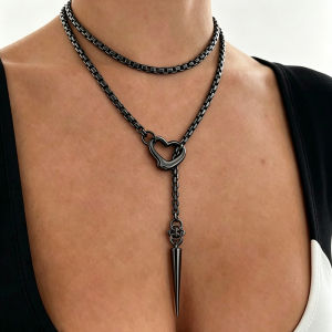 Gothic Punk Layered Y Necklace Hollow Heart Clasp Cone Spike Lariat Pendant Black Chain Edgy Rock Statement Jewelry For Women