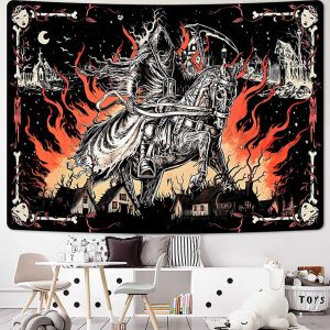 Thời Trung Cổ hiệp sĩ tấm thảm màu đen và trắng ma Bộ Xương trên Gothic ngọn lửa nền treo tường cho phòng ngủ trang trí phòng ở khách tường trang trí treo trang trí tường trang trí phòng ở trang trí nội thất Vải Treo Tường (năm kích thước để lựa chọn)