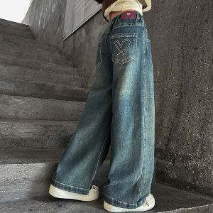 Girls jeans back pocket love  wide-leg pants 2025 spring and autumn slimming straight pants suitable for 5-15 years old pants