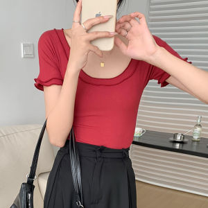 Spring Summer Womens Thin Short Sleeve T-Shirt Wooden Edge Ear Large Collar Arc Bottom Regular Length Slim Fit round Neck Top