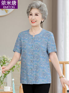 Old Womens Summer Short-Sleeved Shirt Mothers Summer 2024 New Arrival Grandma 100% Cotton Top Women Clothes