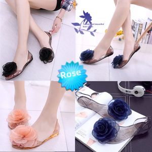 Flower Sandals Jelly Shoes Female Summer Flats Students Peep Toe Crystal Transparent Outwear K-style Womens Plastic Shoes Beach Shoes