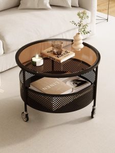 French Living Room Portable Mini Table Light Luxury Wheeled Coffee Table Compact Round Design for Home Use Cream Wind Style