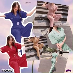 P9952 จั้มสูทคอปกขายาว + สายเข็มขัดรัดเอว  Long-sleeved jumpsuit + waist belt