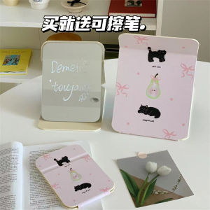 Portable Cat Design Makeup Mirror Desktop Stand Female Cosmetic Mirror Foldable Retro Style Korean Fashion PU Frame Aluminum Mirror