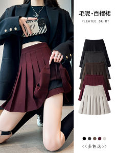 High Waist A-Line Mini Skirt Red Woolen Pleated Womens Autumn Winter Spring Fashionable Elegant Standard Fit Short Skirt
