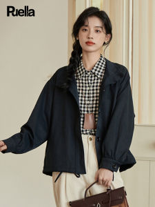 Puella Casual Loose Black Stand Collar Slimming Short Coat for Women Cotton Polyester Blend Regular Sleeve Long Button Closure