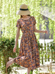 Summer New 2025 Womens Slim Fit Cotton Silk Dress Floral Print Beachside Outerwear Long Dress High Waist V-Neck A-Line Skirt