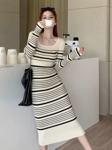 Winter 2025 New French Style Square Collar Striped Slim Fit Wrap around Skirt Dress Casual Medium Elasticity Knitted Long Sleeve